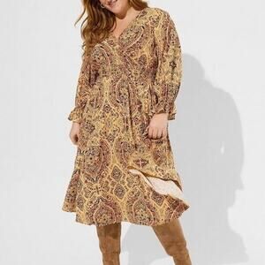 Torrid Midi Challis Smocked Waist Surplice Dress 2X Whimsigoth Bohemian Boho